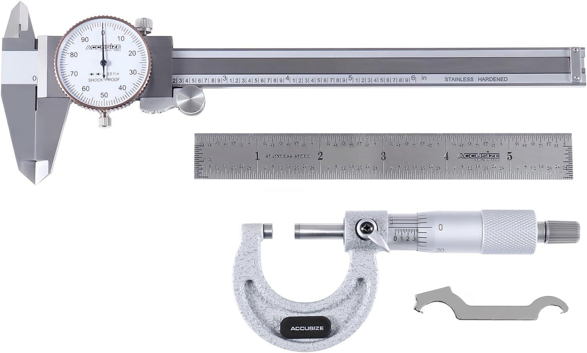 3pc Measuring Tool Set 6" Dial Caliper + 0-1" Outside Micrometer + 6" Ruler - Accusize 3600-1035